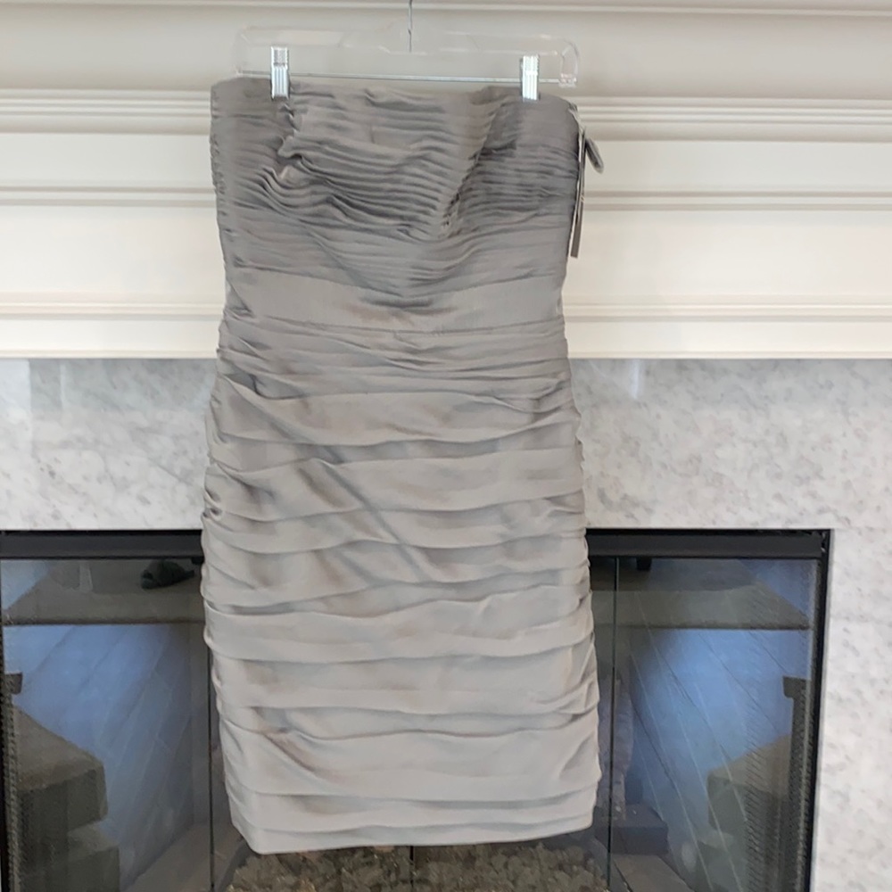 Monique Lhuillier pewter chiffon bridesmaid dress